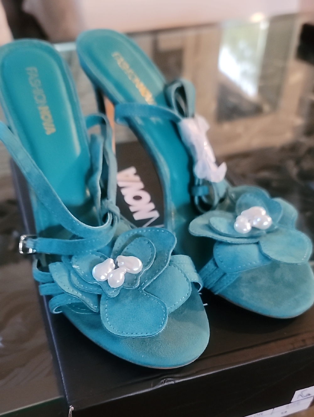 Turquoise Floral Suede Heeled Sandals